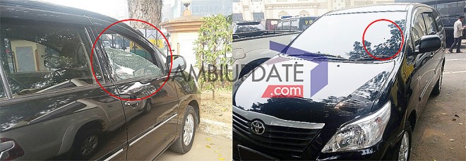 Mobil Toyota Innova milik Manajer Maskapai Garuda Jambi Zulfikar Abrar yang ditembaki orang tak dikenal